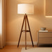 Tripod Floor Lamp, Mid Century Wood Standing Lamp, Modern Design Shelf Floor Lamp for Living Room, Bedroom, Office, Flaxen Linen Shade with E26 Base Brown