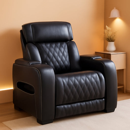 Boyington Contemporary Leather Match Power Recliner with Adjustable Headrest, Cup Holders, USB Port and Air Massage System, Black