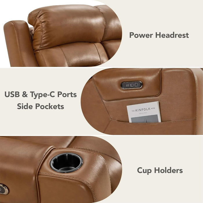 Genuine Leather Power Loveseat Recliner Sofa, Lay Flat Loveseat Reclining Sofa with Power Headrest, Cup Holders, USB & Type-C Ports, Dual Recliners for Living Room, Saddle Brown