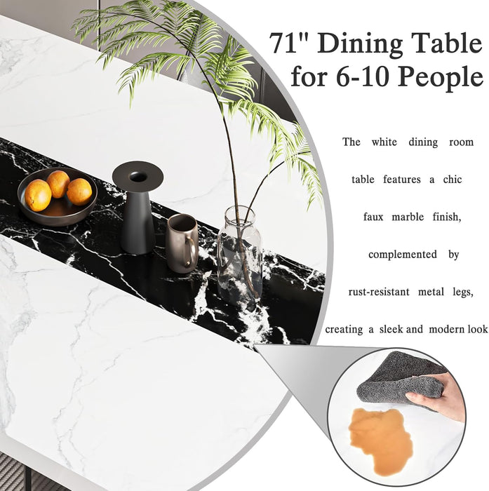71 Inch Dining Table for 6 8 10 People, Rectangular Faux Marble Kitchen Dining Table Wooden, Modern Large Tabletop and Metal Adjustable Feet, White