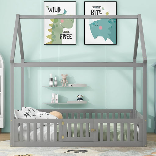 Full Size Montessori House Bed for Kids, Wood Floor Beds with Fence Railings & Door, Full Playhouse Bed for Boys Girls, Box Spring Needed, Gray Wash