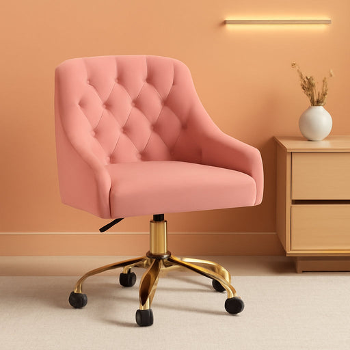 Velvet Office Swivel Chair, Vanity Chair, Fabric Desk Chair, Pretty Fancy Chair, Gold Office Chair for Girls, 360°Swivel Height Adjustable Reception Chair (Pink)