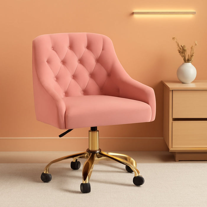 Velvet Office Swivel Chair, Vanity Chair, Fabric Desk Chair, Pretty Fancy Chair, Gold Office Chair for Girls, 360°Swivel Height Adjustable Reception Chair (Pink)