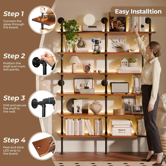 6-Tier LED Ladder Shelf, Wall Mounted Pipe Bookshelf, Walnut Brown 60 Inch