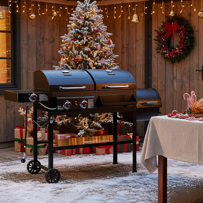 2-Burner Gas and Charcoal Combo Grill with Offset Smoker & Side Burner, 34,000 BTU Dual Fuel Grill, 1020 Sq. In. Cooking Area, Ideal for Outdoor Cooking, Black, ZH3005Y-SC