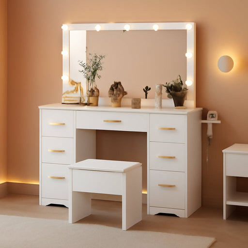 Vanity Desk with Stool for Women Designed for Bedrooms or Apartments, Featuring a Lighted LED Mirror, Built-In Power Outlet,Organized Storage for Daily Beauty Routines,White