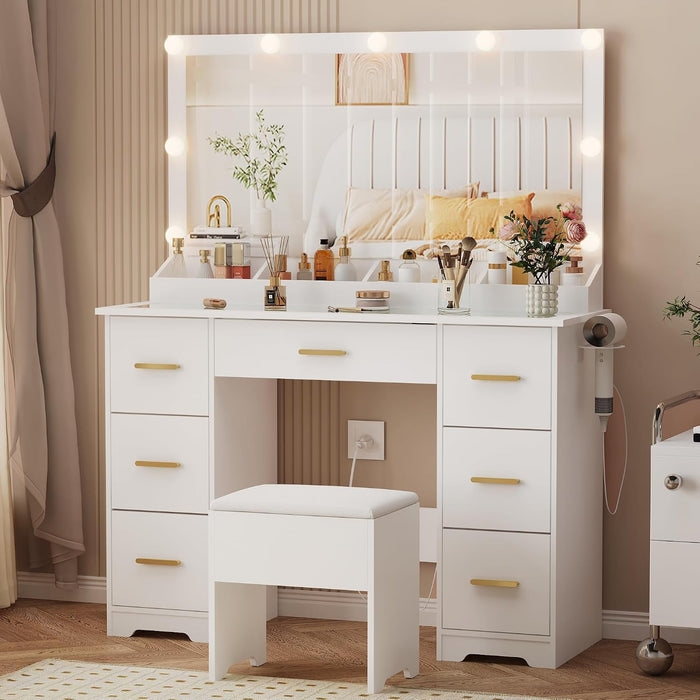 Vanity Desk with Stool for Women Designed for Bedrooms or Apartments, Featuring a Lighted LED Mirror, Built-In Power Outlet,Organized Storage for Daily Beauty Routines,White