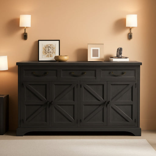 65" Large Sideboard Buffet Cabinet with Storage, Farmhouse Buffet Table Wine Coffee Bar Kitchen Storage Cabinet with 3 Drawers 4 Doors for Living Room, Kitchen, Dining Room, Black Oak