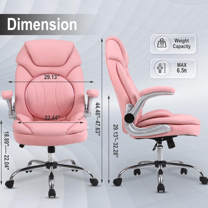 Ergonomic Executive Office Chairs with Adjustable Lumbar Support, 90-120° Rocking Managerial Chair Swivel Desk Chairs with Padded Flip-Up Armrests (Pink), Medium(300Lbs)