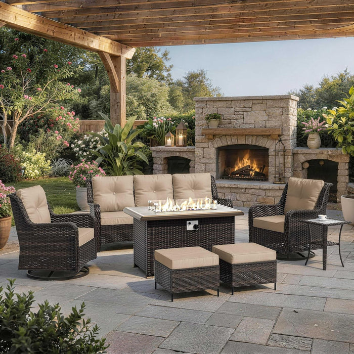 7-Piece Patio Furniture Set, Outdoor Thick Wicker Sectional Sofas with 2 Swivel Chairs, High Back Patio Sectional Couch with Fire Pit Table, Outdoor Conversation Set for Backyard, Deck, Brown
