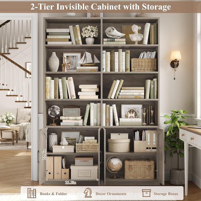 Bookshelf and Bookcase with Doors, 6 Tier Double Wide Large Bookshelves, Open Display Shelves, 73'' Tall Bookshelf with Storage Cabinets for Home Office, Living Room, Library, Wash Gray