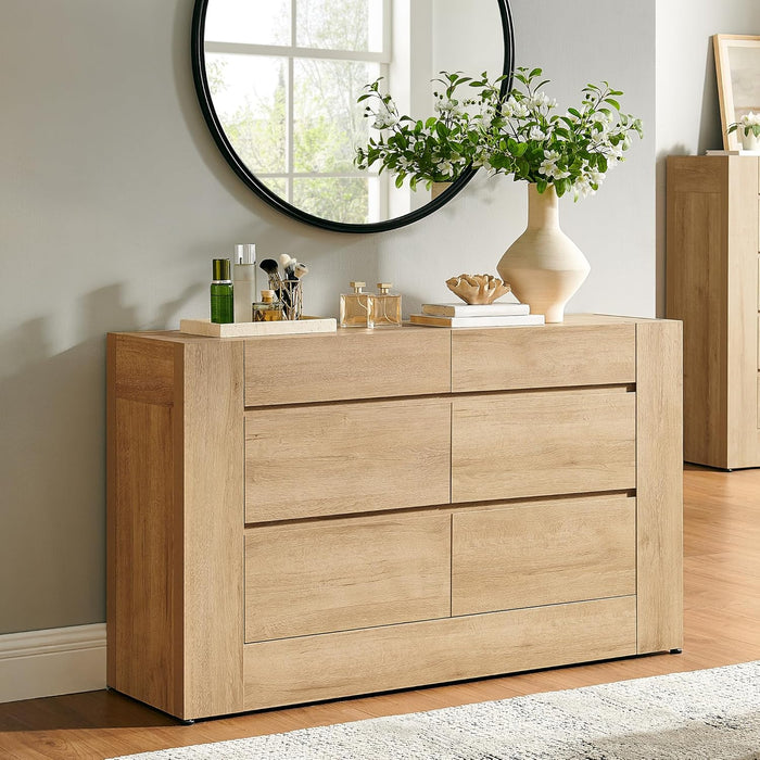 6 Drawer Dresser for Bedroom, 54" Wide Chest of Drawers with Thick Wood Design, Handleless, Modern Bedroom Dresser, Storage Organizer for Living Room/Entryway/Hallway, Natural Oak