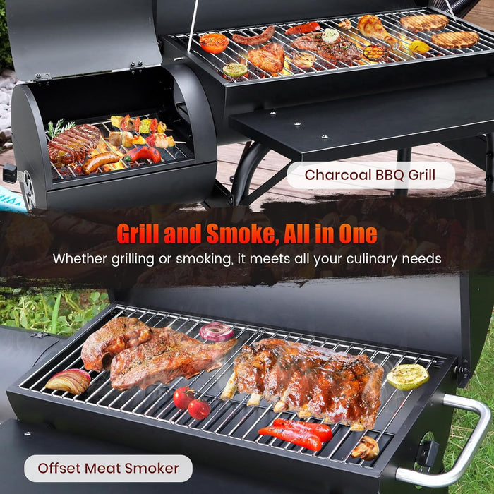 Charcoal Grills with Offest Smokers: Spacious Barrel Charcoal BBQ Grill | Barbecue Smoker Grill Combo for Outdoor Backyard Patio Camping Picnic and Party