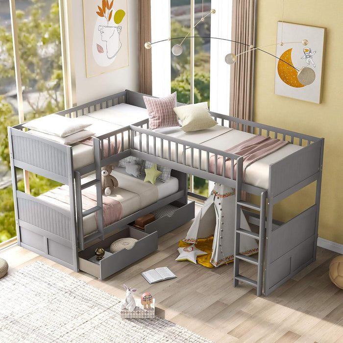 Triple Bunk Bed for Kids L Shaped Bunk Bed Solid Wood Twin over Twin over Twin Bed with 2 Drawers and 2 Ladders, No Box Spring Needed, Gray