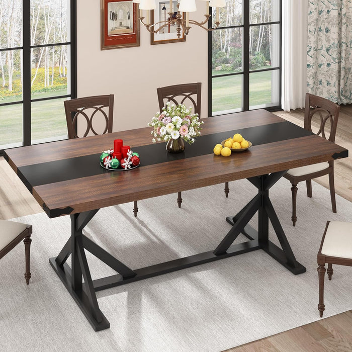 71 Inch Dining Table for 6 People, Rectangular Kitchen Farmhouse Table W/Thickness Waterproof Wood Tabletop,Long Dining Room Tables W/Wood Strip Base for Kitchen Living Room(Brown&Black)
