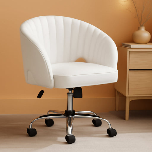 Home Office Chair, Faux Leather Desk Chair, Modern Swivel Chair with Tufted Barrel Back, Rolling Wheels for Office,Study, Vanity, Bedroom White