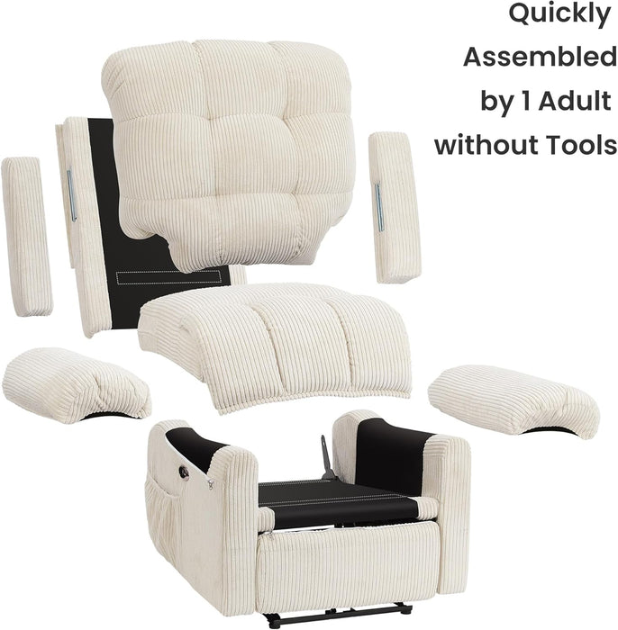 Upgraded 2024 New Power Recliner Chair for Adults, Adjustable Electric Chair Power Reclining Sofa, USB Port, Ultra-Comfy Corduroy Recliner for Living Room, Tool-Less Assembly Single Sofa White