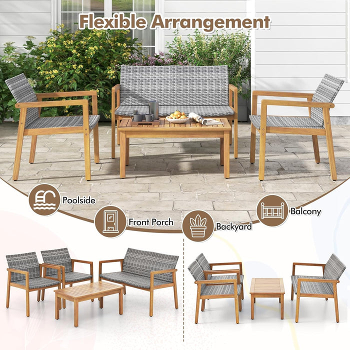 4 Pieces Outdoor Furniture Set, Acacia Wood Frame Sofa Set W/Rattan Seat & Back, Patio Conversation Set W/Coffee Table for Balcony, Poolside, Backyard (Mix Gray)