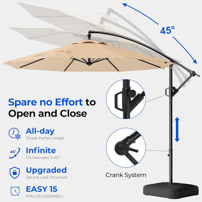 10Ft Cantilever Patio Umbrella with Base Included, 30 MPH Wind-Resistant Offset Outdoor Hanging Umbrella with 45 Degree Infinite Tilt and Smooth Crank, 260Gsm Solution-Dyed 8-Year Fade-Resistant Canopy for Backyard Pool Deck, Beige