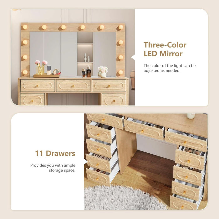 Fluted Vanity Desk with Mirror and Lights, Power Outlets, Modern Wood Vanity Desk Makeup Table with 11 Drawers, 3 Color Modes Dressing Table with Storage for Bedroom, Living Room, Natural