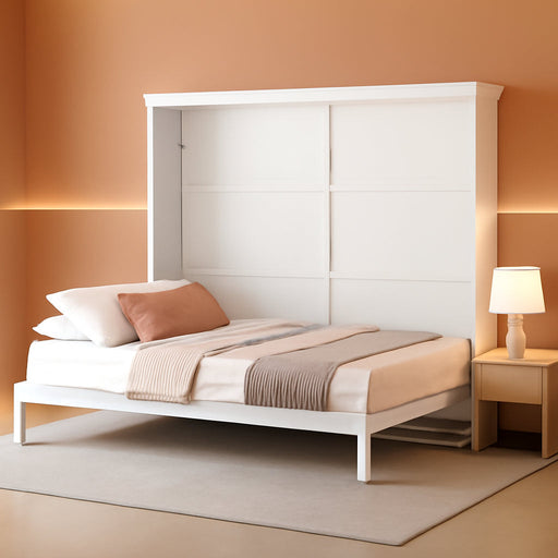 Full Size Murphy Bed, Wood Hidden Foldable Wall Bed Frame W/Gas Struts, Storage Bed Cabinet for Bedroom, Office, Space-Saving, No Box Spring Needed, White