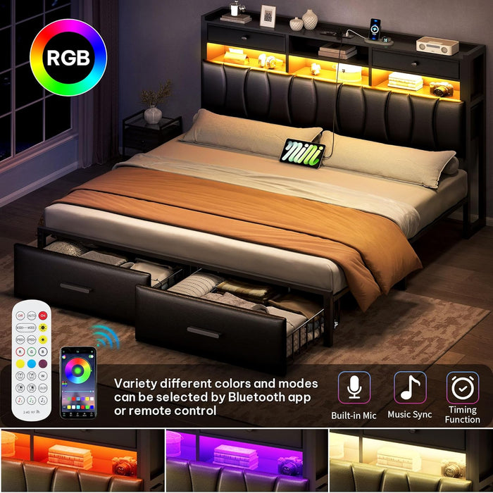 King Size with 2 Storage Drawers and Charging Station, Upholstered Bed with Storage Headboard and LED Light, Heavy Duty Metal Frame Support, No Box Spring Needed, Noise Free, PU Leather Black