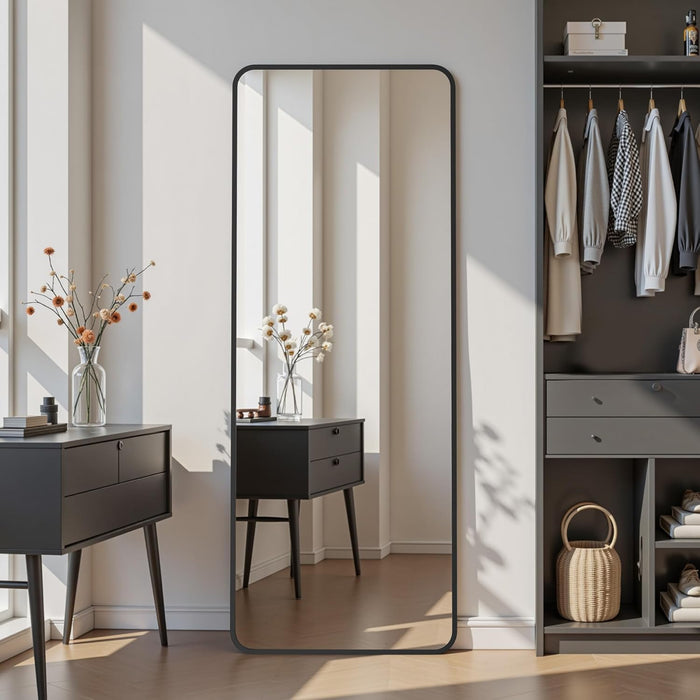 48"X14" Door Hanging Full Length Mirror, Floor Mirror Freestanding,Full Body Mirrors with Adjustable Stand for Bedroom Living Room Cloakroom, Rounded Rectangle, Black