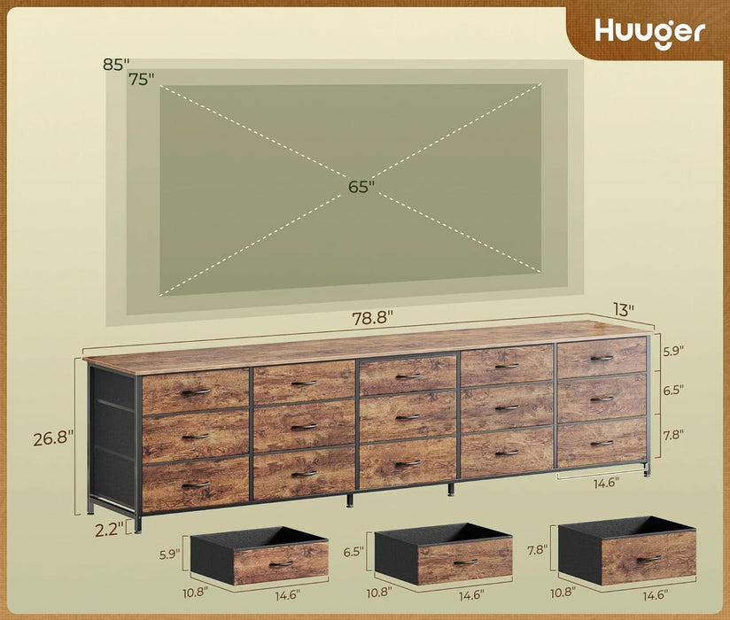 78.7 Inch Long Dresser for Bedroom, 15 Drawer Fabric Dresser for Closet, Large TV Stand for 65, 75, 85 Inch TV, Wide Chest of Drawer with Storage, 78.7" W X 12.9" D X 26.7" H, Rustic Brown