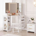 Corner Vanity Desk and Stool, Corner Makeup Vanity with LED Lighted Mirror Charging Station and Cabinet for Bedroom, White