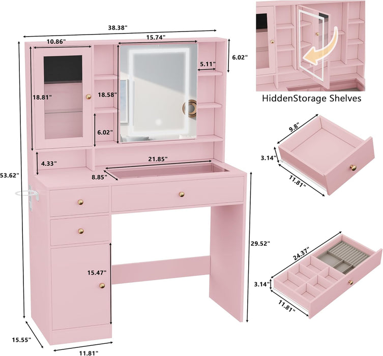 Pink Makeup Vanity Console With Illuminated Mirror