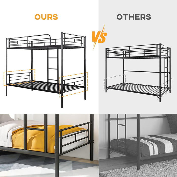 Bunk Bed with Ladder and High Guardrail, Able to Split, Metal Bunk Bed, Storage Space, Noise Free,Twin over Twin Size Bunk Bed,Black