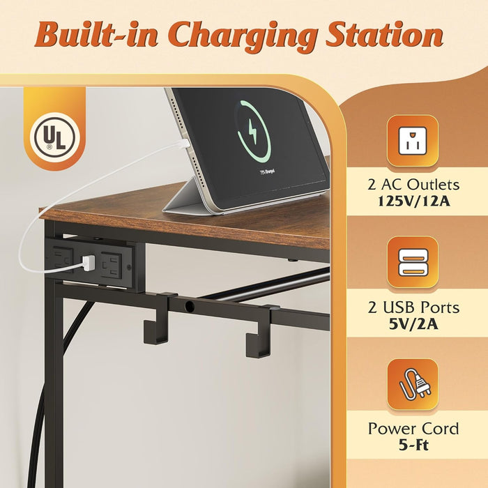 Brown Dresser With Hanging Rack And LED Lights Charging Station