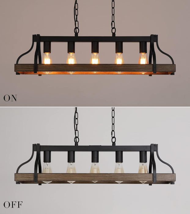 Rustic Kitchen Island Dining Room Light Fixture Farmhouse Linear Chandelier Black and Retro Wood Finish 5-Light Industrial Metal Hanging Pendant Light UL Listed L33.5 W10.6