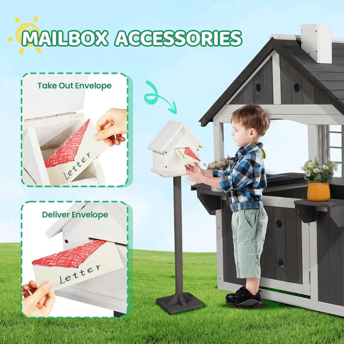 Kids Wooden Playhouse for Outdoor, Cottage with Sink, Picnic Table, Mailbox, Flowerpot Holders, Age 3-8 (Gray&White)