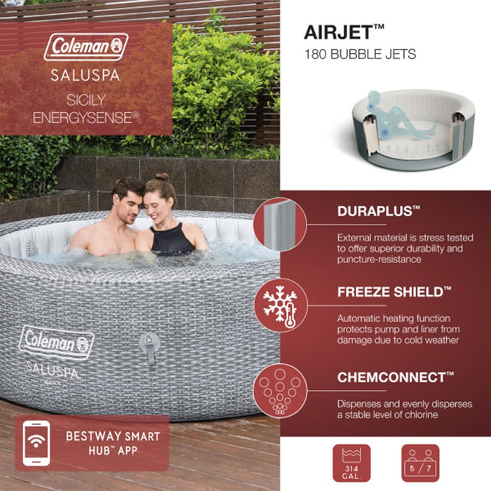 Sicily Airjet 5 to 7 Person Inflatable Hot Tub round Portable Outdoor Spa with 180 Airjets Energysense Saving Cover, Gray