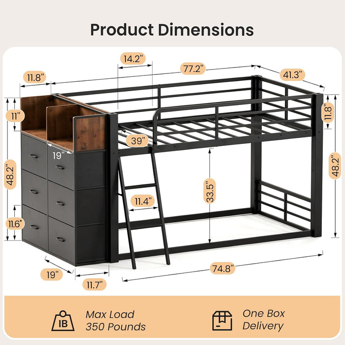SpaceSaving TwinOverTwin Metal Loft Bed StorageDrawers