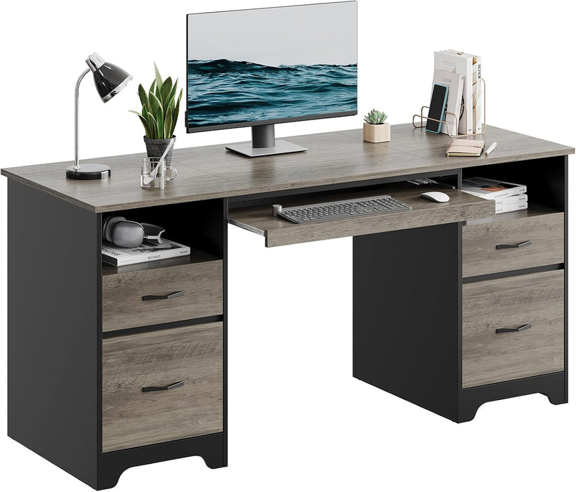 59 Inch Office Desk with 4 Drawers, Computer Desk with Storage, Executive Desk with File Drawer, Keyboard Tray & 2 Pedestals on Both Sides for Home Office, Studio, Grey&Black