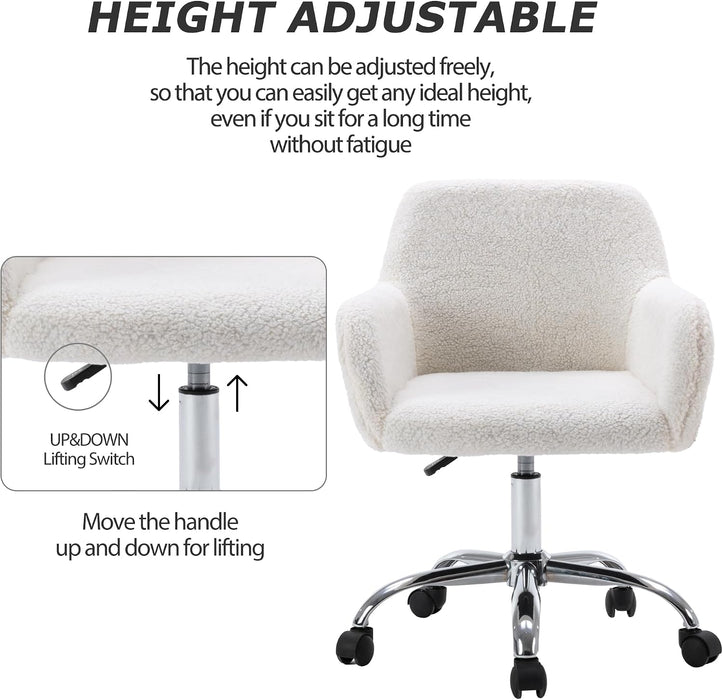 Faux Fur Makeup Vanity Chair,Home Office Desk Chair with Wheels, White