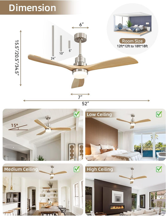 52 Inch Ceiling Fan with Lights and Remote Control-Modern Solid Wood Blade Ceiling Fan for Bedroom Living Room Indoor Outdoor Farmhouse Patio, Noiseless DC Motor, Sandy Nickel & Natural Wood