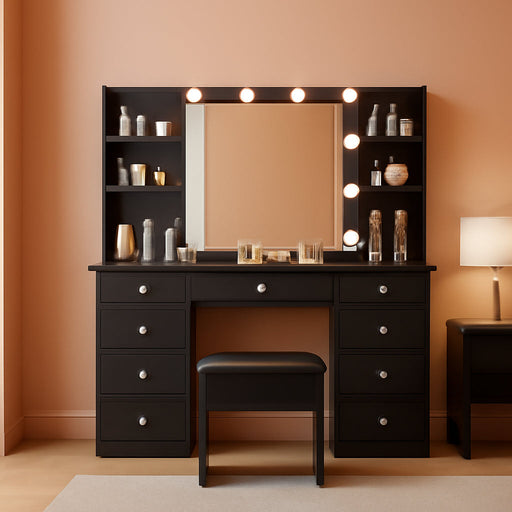 Vanity Desk with Power Outlet, Makeup Table with Mirror and 12 LED Lights, 3 Color Lighting Modes, 11 Drawers Makeup Vanity with 4 Shelves, Fold-Up Panel, Vanity Set for Bedroom, Black