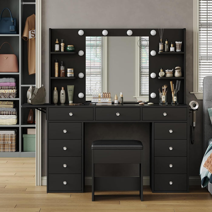 Vanity Desk with Power Outlet, Makeup Table with Mirror and 12 LED Lights, 3 Color Lighting Modes, 11 Drawers Makeup Vanity with 4 Shelves, Fold-Up Panel, Vanity Set for Bedroom, Black