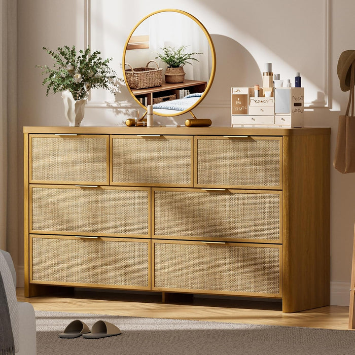 Rattan 7 Drawer Dresser for Bedroom,55" Wide,Natural Oak,Modern Chest of Drawers with 7 Large Storage Space and Curved Edge Design, 7 Drawer Large Dresser for Bedroom