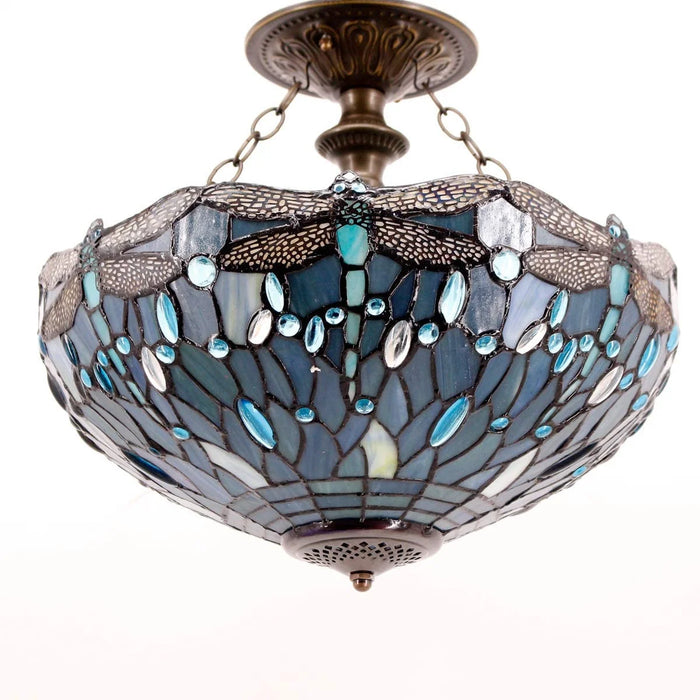 Tiffany Ceiling Light Fixture Semi Flush Mount 16" Sea Blue Stained Glass Dragonfly Shade Close to Dome Island Boho Hanging Lamp Decor Bedroom Kitchen Dining Living Room Entry Foyer Hallway