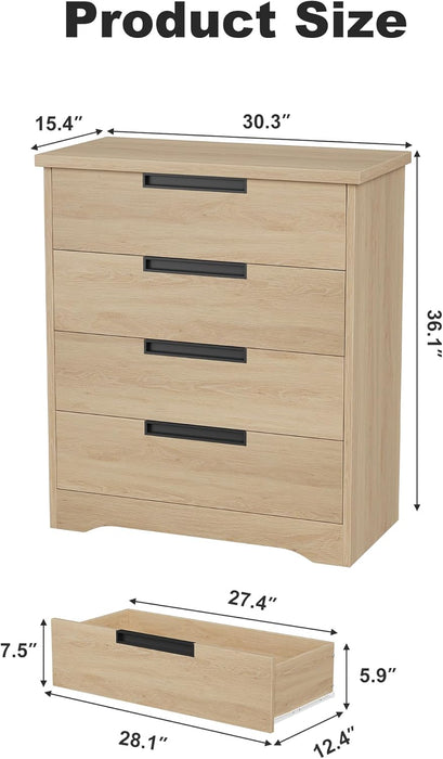 4 Drawer Dresser for Bedroom, Natural Chest of Drawers with Embedded Handles Design, Wooden Closet Organizer for Living Room, Nursery, Hallway