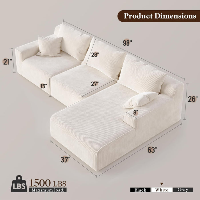 98-Inch Sectional Sofa White Check Premium RightFacing