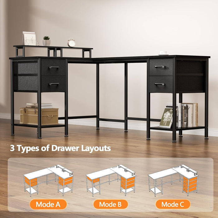 59 Inch L Shaped Computer Desk with Power Outlets, Home Office Desk with 4 Adjustable Storage Drawers & 2 Monitor Stands, Two Person Gaming Table for Bedroom, Black