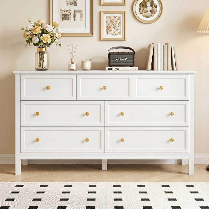 55" White Dresser for Bedroom with 7 Drawers & Modern Gold Handle