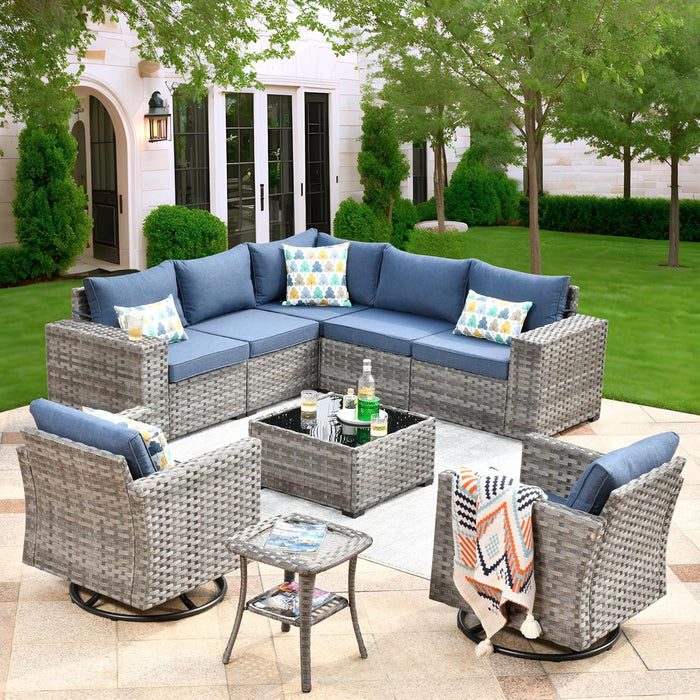 9 Pieces Patio Furniture Set, Outdoor Wicker Sectional Sofa with 2 Swivel Chairs Coffee Table, Modern Modular Deep Seat Rattan Couch Conversation Sets, Denim Blue