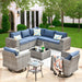9 Pieces Patio Furniture Set, Outdoor Wicker Sectional Sofa with 2 Swivel Chairs Coffee Table, Modern Modular Deep Seat Rattan Couch Conversation Sets, Denim Blue