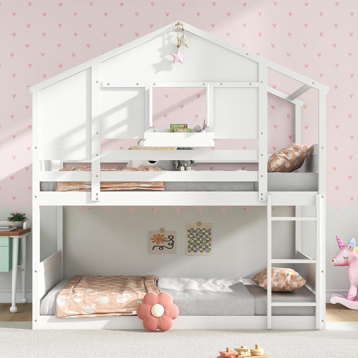 Bunk Bed Twin over Twin, Wood House Bed for Kids with Roof, Window Door, Storage Box, Safety Guardrails, Wood Slats & Ladder, Floor Bunk Bed for Junior Boys Girls, No Box Spring Needed, White